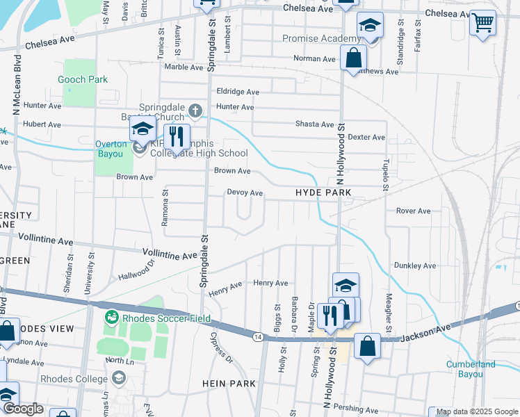 map of restaurants, bars, coffee shops, grocery stores, and more near 2308 Alameda Avenue in Memphis