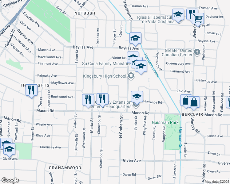 map of restaurants, bars, coffee shops, grocery stores, and more near 1209 Bradbury Drive in Memphis