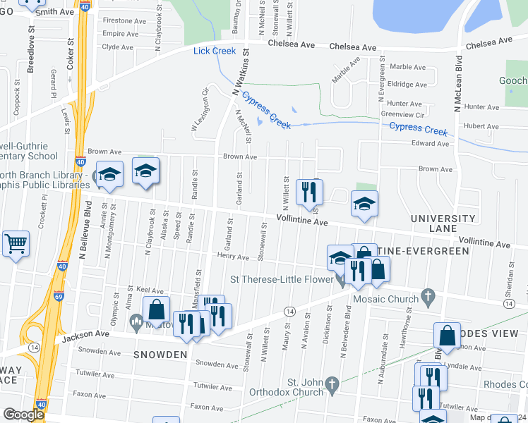 map of restaurants, bars, coffee shops, grocery stores, and more near 1498 Vollintine Avenue in Memphis