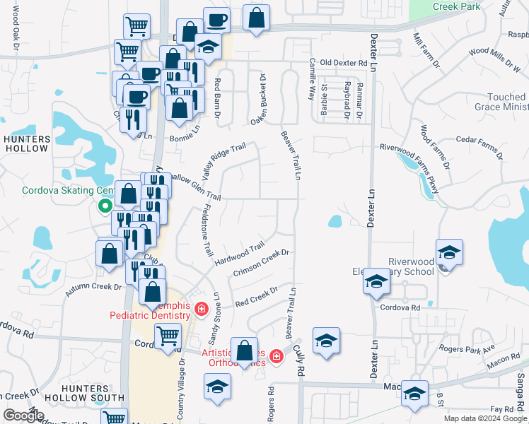 map of restaurants, bars, coffee shops, grocery stores, and more near 8270 Hardwood Cove in Memphis