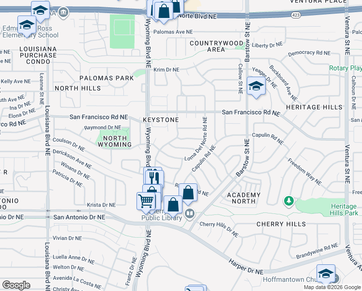 map of restaurants, bars, coffee shops, grocery stores, and more near 8121 Otero Avenue Northeast in Albuquerque