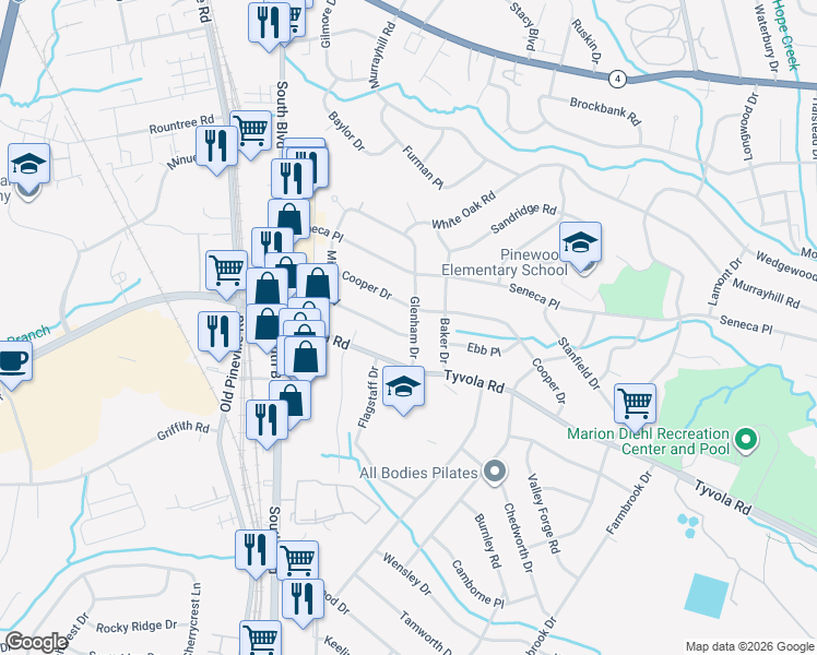 map of restaurants, bars, coffee shops, grocery stores, and more near 5316 Glenham Drive in Charlotte