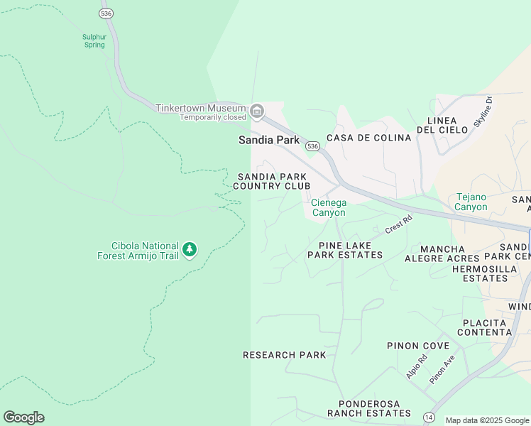 map of restaurants, bars, coffee shops, grocery stores, and more near 30 Cienega Canyon Road in Sandia Park