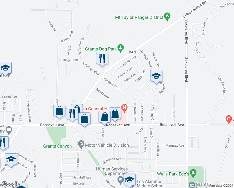 map of restaurants, bars, coffee shops, grocery stores, and more near 1701 Cordova Court in Grants