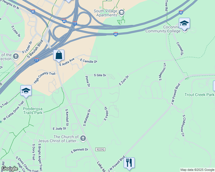 map of restaurants, bars, coffee shops, grocery stores, and more near 600 East Zuni Drive in Flagstaff