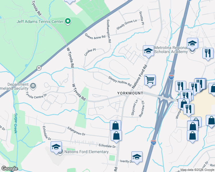 map of restaurants, bars, coffee shops, grocery stores, and more near 319 Whispering Pines Drive in Charlotte