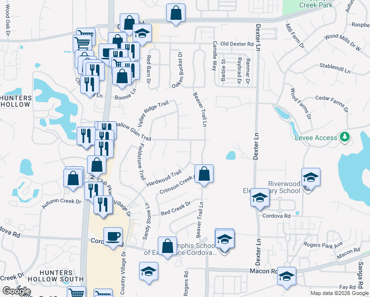 map of restaurants, bars, coffee shops, grocery stores, and more near 8270 Hardwood Cove in Memphis