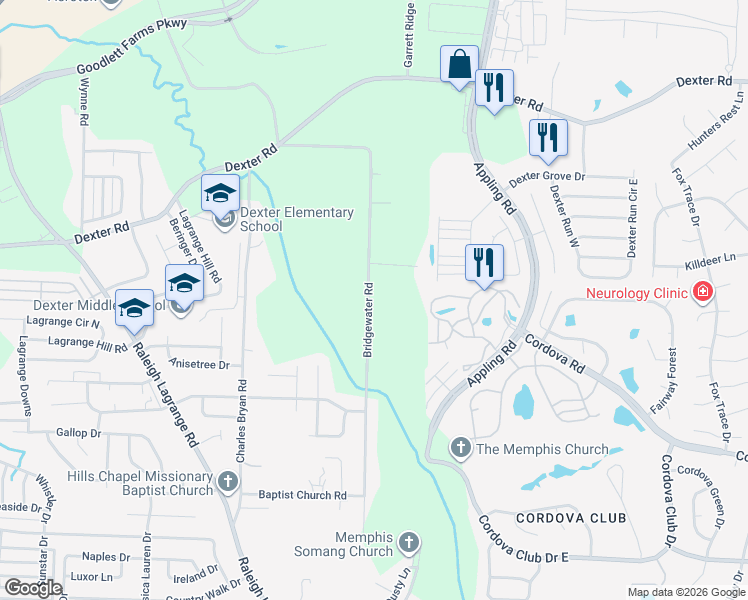 map of restaurants, bars, coffee shops, grocery stores, and more near 1418 Bridgewater Road in Shelby County