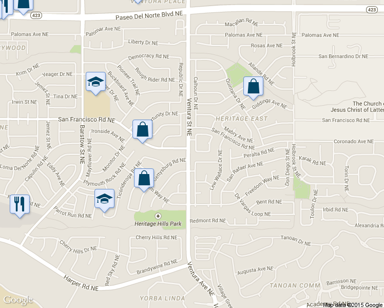 map of restaurants, bars, coffee shops, grocery stores, and more near 9100 Surrey Road Northeast in Albuquerque