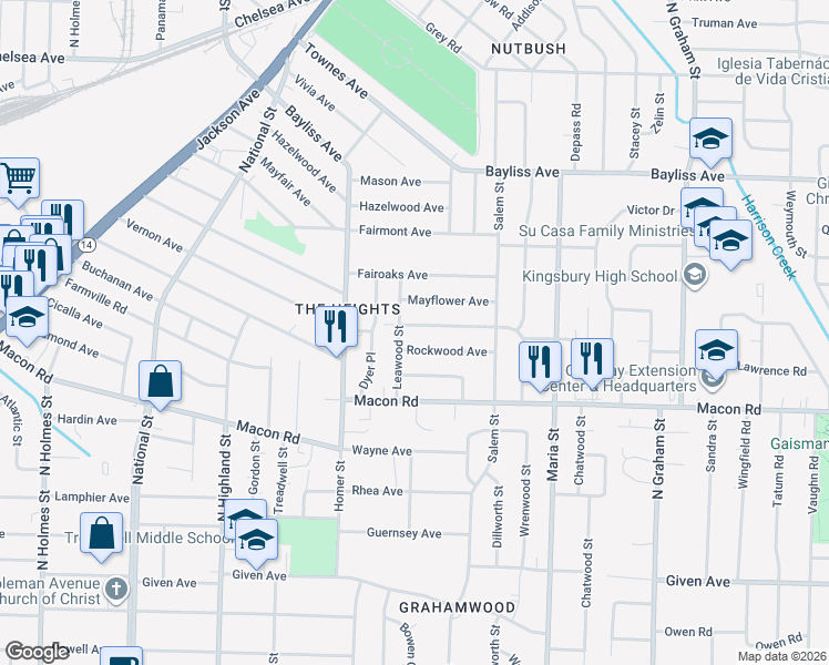 map of restaurants, bars, coffee shops, grocery stores, and more near 3703 Vernon Avenue in Memphis
