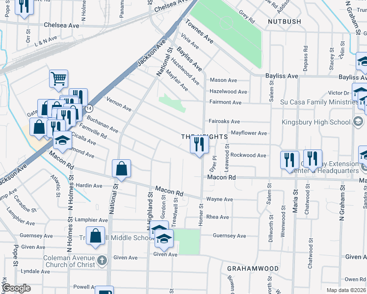 map of restaurants, bars, coffee shops, grocery stores, and more near 3569 Rockwood Avenue in Memphis