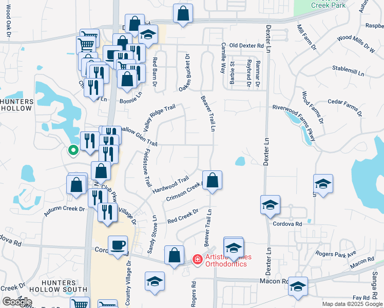 map of restaurants, bars, coffee shops, grocery stores, and more near 8270 Hardwood Cove in Memphis
