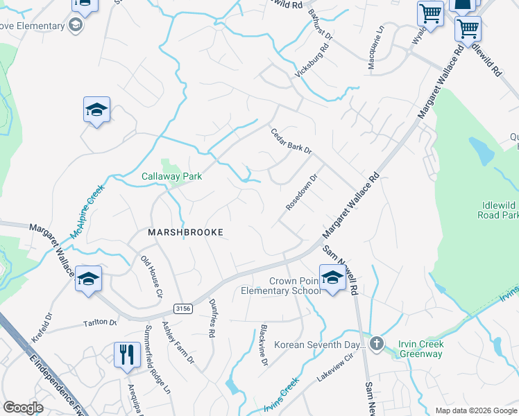 map of restaurants, bars, coffee shops, grocery stores, and more near 3518 Chistow Road in Matthews