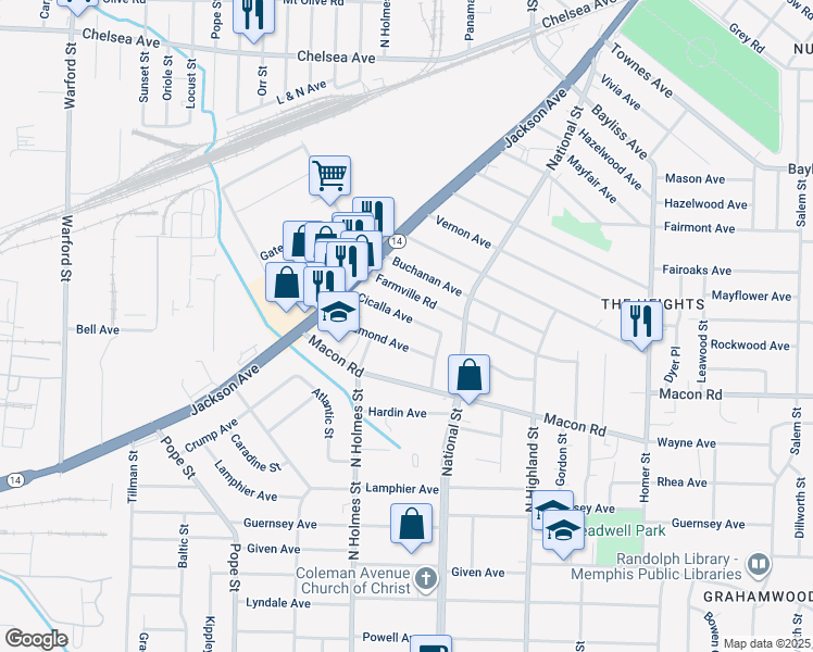 map of restaurants, bars, coffee shops, grocery stores, and more near 3347 Cicalla Avenue in Memphis