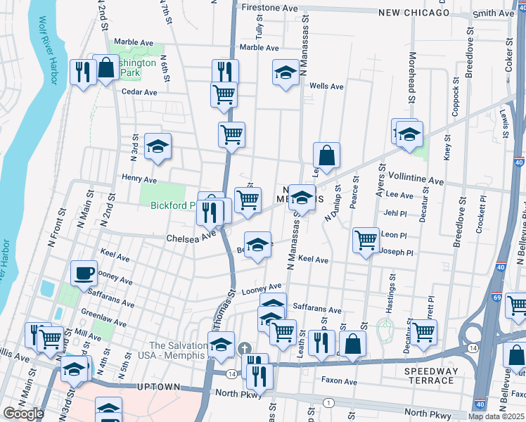 map of restaurants, bars, coffee shops, grocery stores, and more near 702 Chelsea Avenue in Memphis