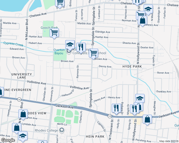 map of restaurants, bars, coffee shops, grocery stores, and more near 2169 Berkeley Avenue in Memphis