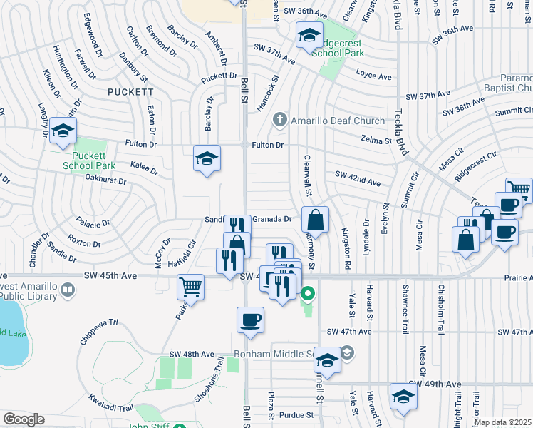 map of restaurants, bars, coffee shops, grocery stores, and more near 5614 Granada Dr in Amarillo
