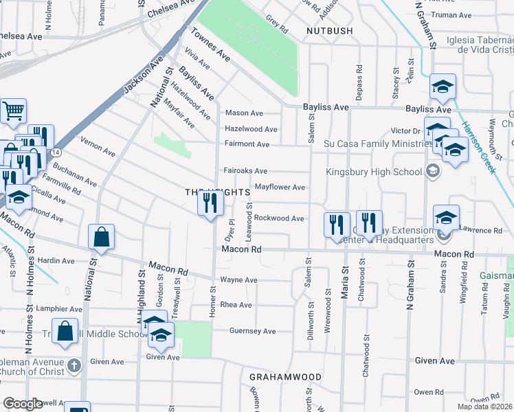 map of restaurants, bars, coffee shops, grocery stores, and more near 3703 Vernon Avenue in Memphis