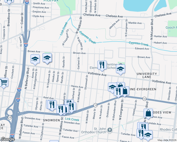 map of restaurants, bars, coffee shops, grocery stores, and more near 1498 Vollintine Avenue in Memphis