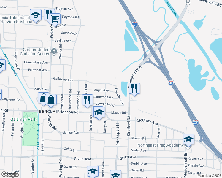 map of restaurants, bars, coffee shops, grocery stores, and more near 4562 Angel Avenue in Memphis