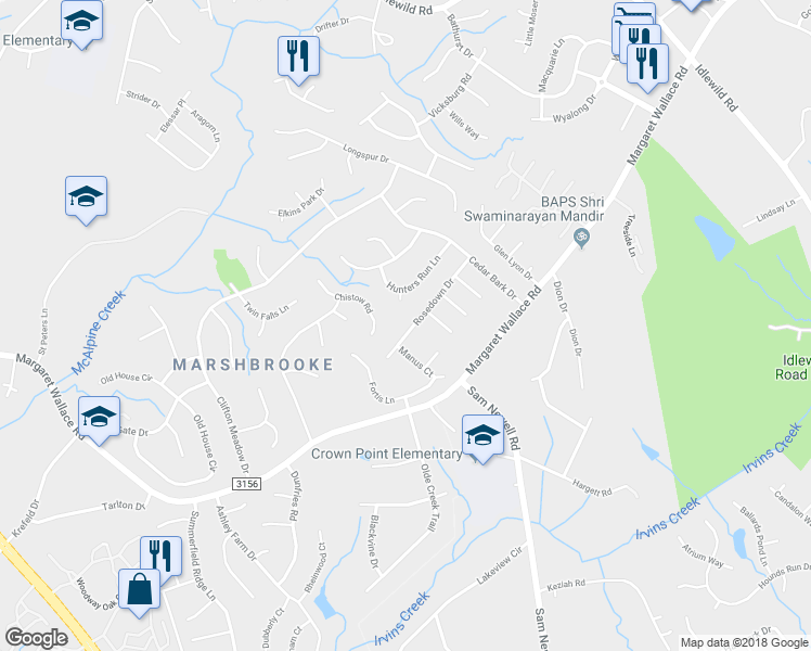 map of restaurants, bars, coffee shops, grocery stores, and more near 3617 Rosedown Drive in Matthews