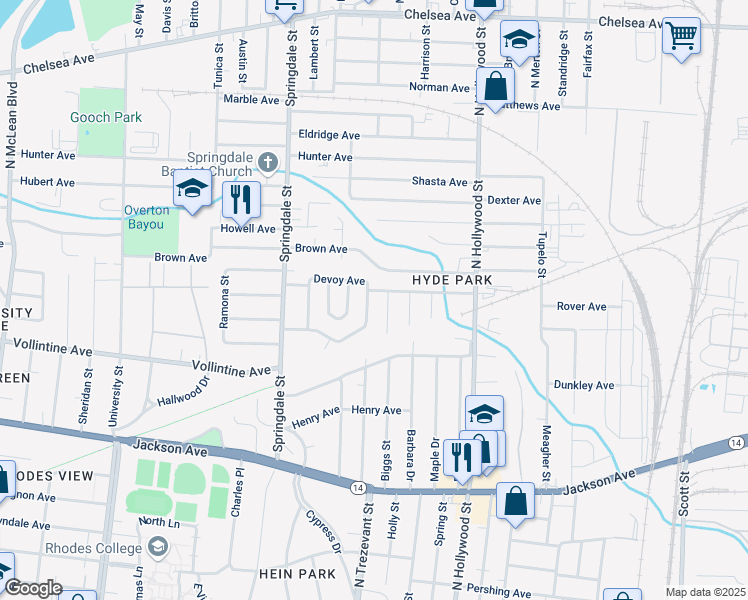 map of restaurants, bars, coffee shops, grocery stores, and more near 2308 Alameda Avenue in Memphis