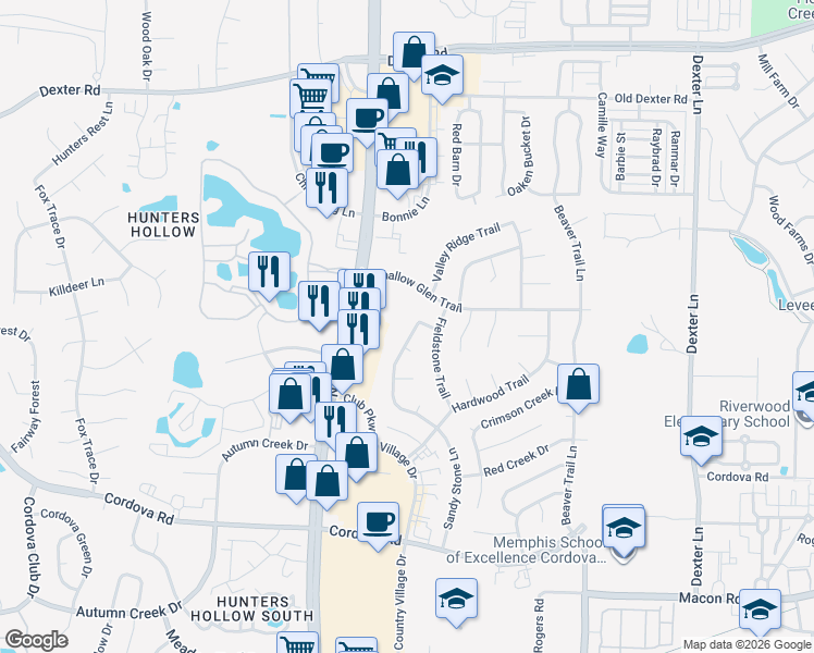 map of restaurants, bars, coffee shops, grocery stores, and more near 1435 Sandy Stone Lane in Memphis
