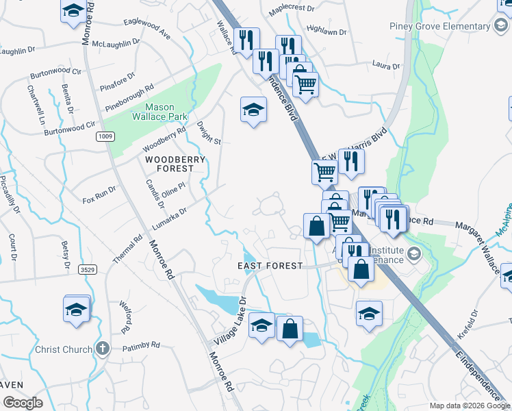 map of restaurants, bars, coffee shops, grocery stores, and more near 2153 Whispering Way in Charlotte