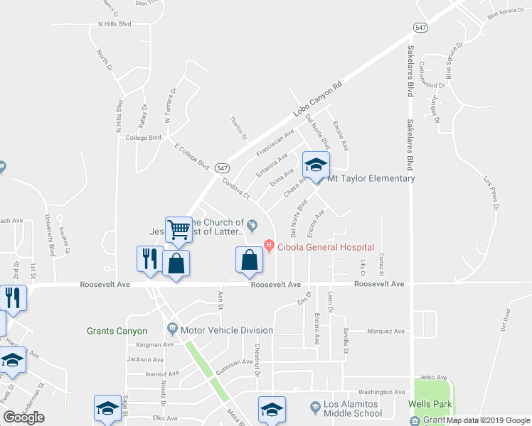 map of restaurants, bars, coffee shops, grocery stores, and more near 1701 Cordova Court in Grants