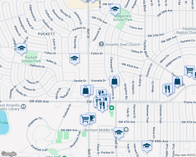 map of restaurants, bars, coffee shops, grocery stores, and more near 5614 Granada Drive in Amarillo