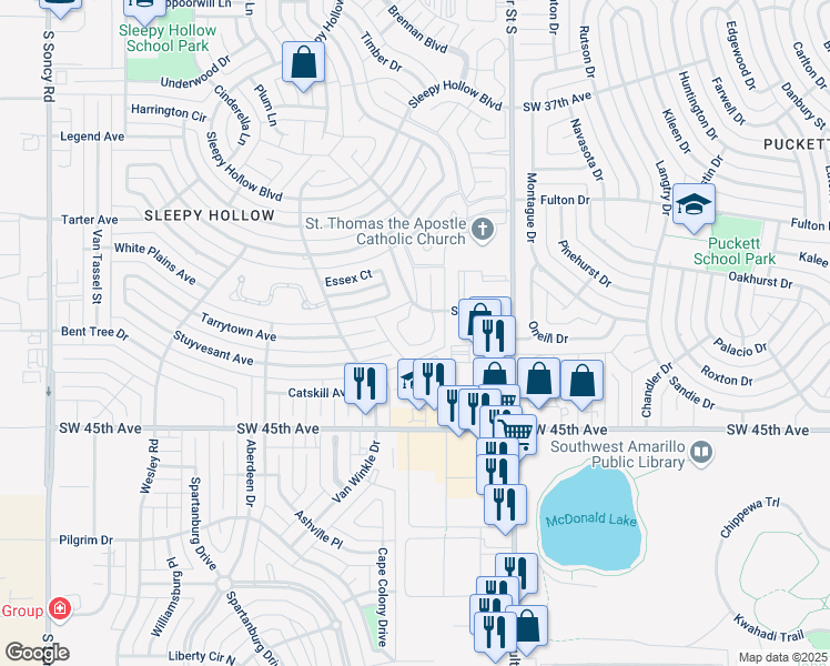 map of restaurants, bars, coffee shops, grocery stores, and more near 7501 Seville Drive in Amarillo