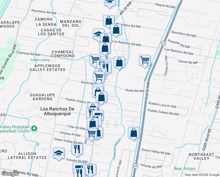 map of restaurants, bars, coffee shops, grocery stores, and more near 320 Roehl Road Northwest in Los Ranchos de Albuquerque