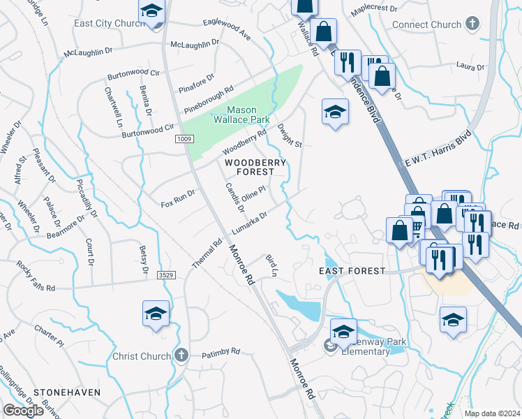 map of restaurants, bars, coffee shops, grocery stores, and more near 1623 Lumarka Drive in Charlotte