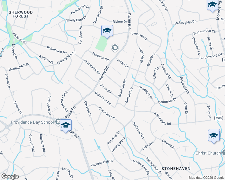 map of restaurants, bars, coffee shops, grocery stores, and more near 6117 Brace Road in Charlotte