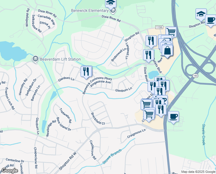 map of restaurants, bars, coffee shops, grocery stores, and more near 9405 Glenburn Lane in Charlotte