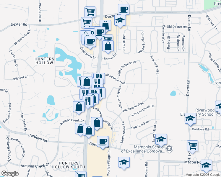 map of restaurants, bars, coffee shops, grocery stores, and more near 1435 Sandy Stone Lane in Memphis