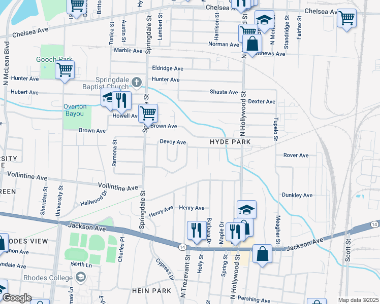 map of restaurants, bars, coffee shops, grocery stores, and more near 2308 Alameda Avenue in Memphis