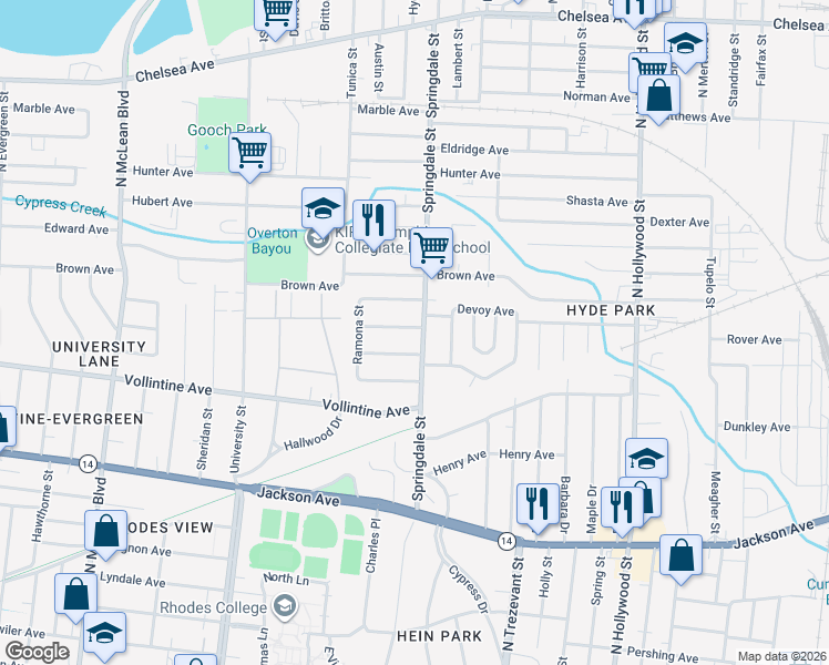 map of restaurants, bars, coffee shops, grocery stores, and more near 2169 Berkeley Avenue in Memphis