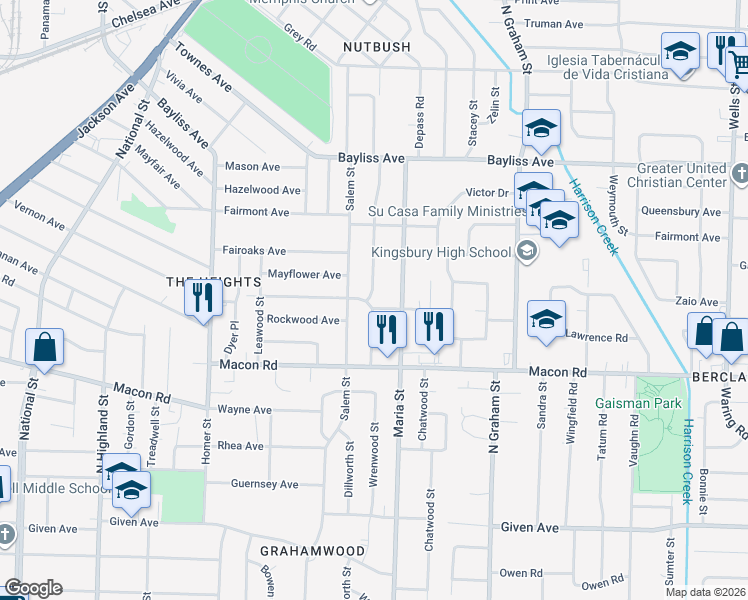 map of restaurants, bars, coffee shops, grocery stores, and more near 3838 Vernon Avenue in Memphis