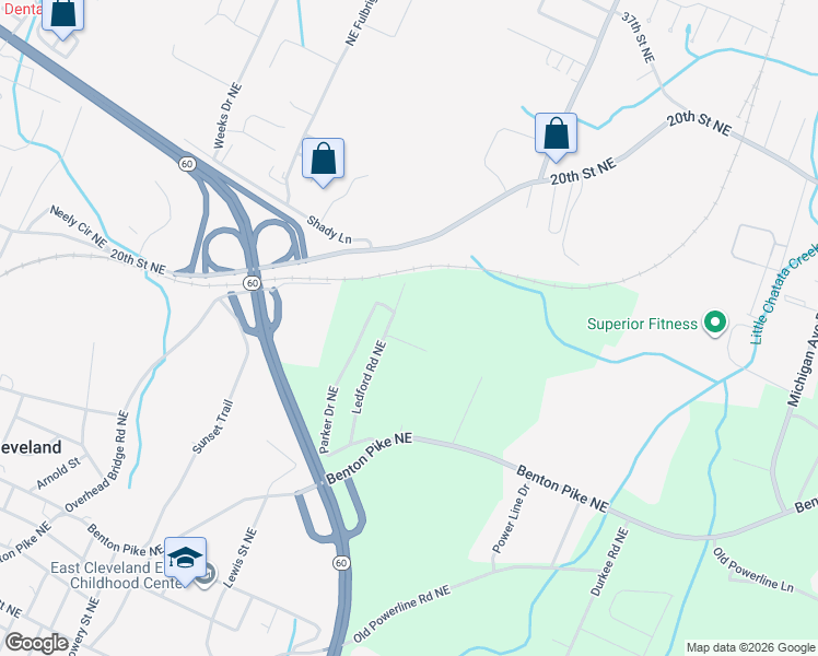 map of restaurants, bars, coffee shops, grocery stores, and more near 630 Ledford Rd NE in Cleveland