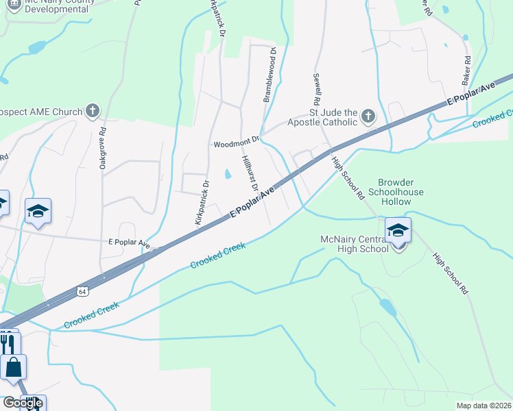 map of restaurants, bars, coffee shops, grocery stores, and more near 125 Sunset Cove in Selmer