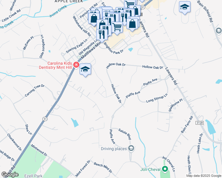 map of restaurants, bars, coffee shops, grocery stores, and more near 6301 Hollow Oak Drive in Mint Hill