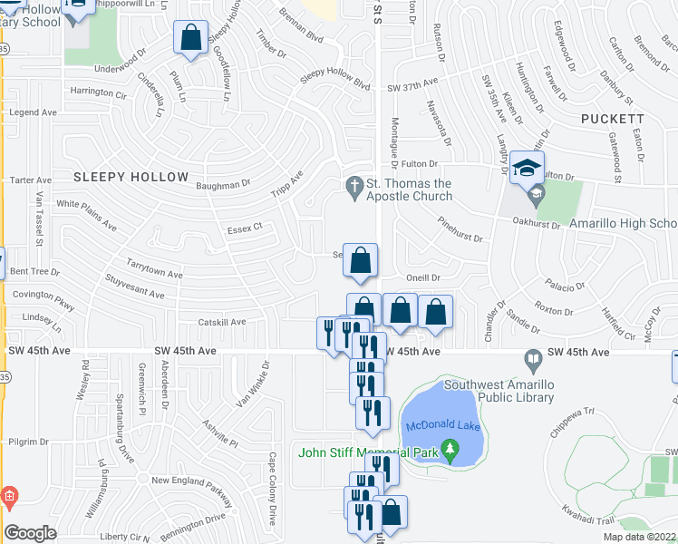 map of restaurants, bars, coffee shops, grocery stores, and more near 7401 Seville Drive in Amarillo