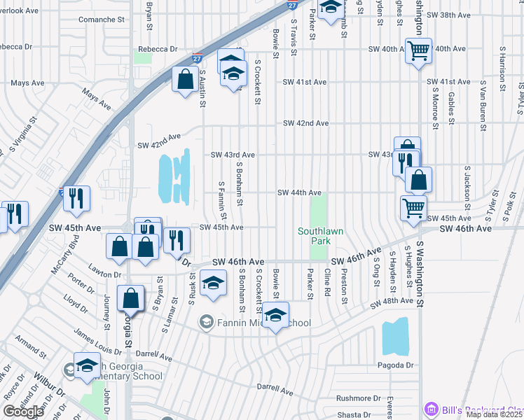 map of restaurants, bars, coffee shops, grocery stores, and more near 4409 Crockett Street in Amarillo