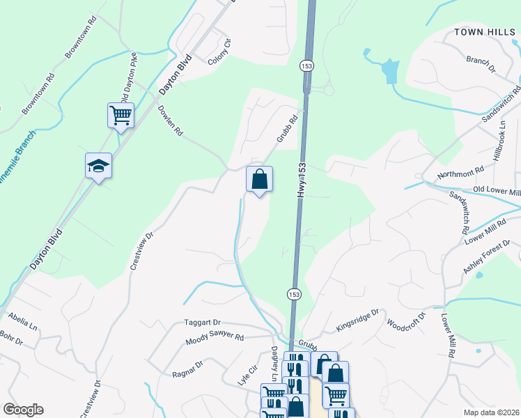 map of restaurants, bars, coffee shops, grocery stores, and more near 5929 Tennessee 153 in Chattanooga