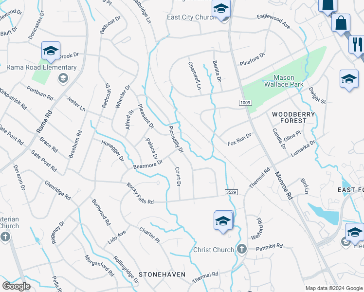 map of restaurants, bars, coffee shops, grocery stores, and more near 1400 Piccadilly Drive in Charlotte