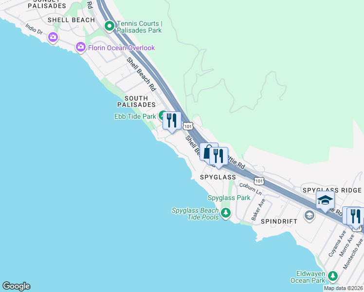 map of restaurants, bars, coffee shops, grocery stores, and more near 2727 Shell Beach Road in Pismo Beach
