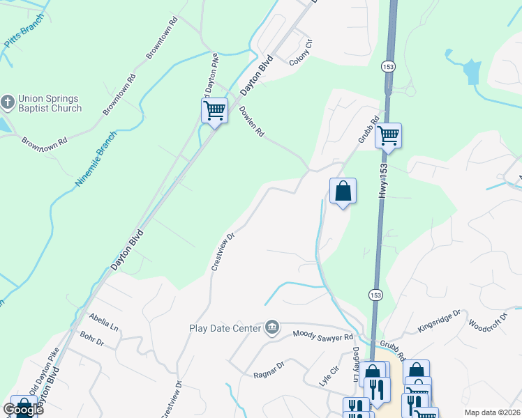 map of restaurants, bars, coffee shops, grocery stores, and more near 5960 Crestview Drive in Chattanooga