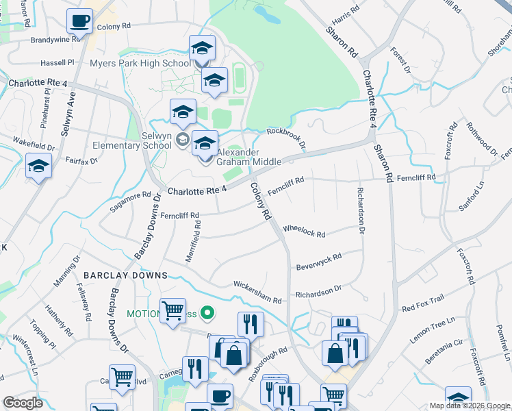 map of restaurants, bars, coffee shops, grocery stores, and more near 3023 Ferncliff Road in Charlotte