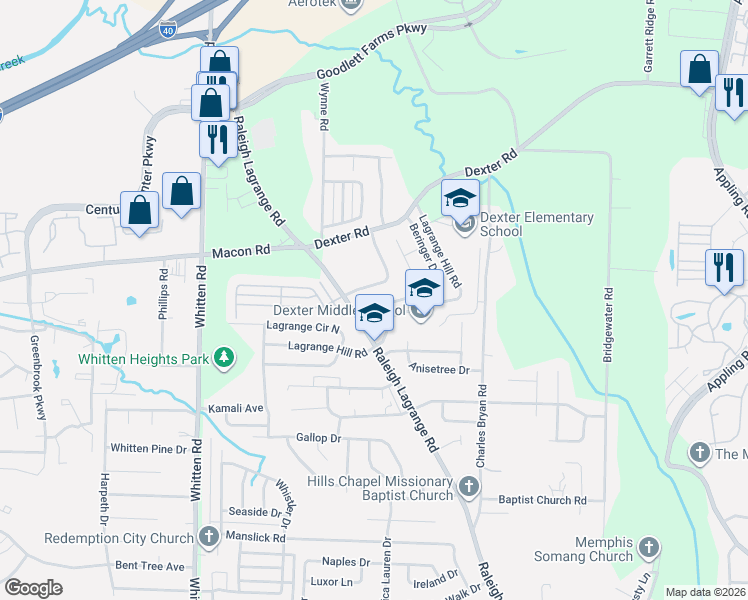map of restaurants, bars, coffee shops, grocery stores, and more near 7025 South Beringer Drive in Shelby County